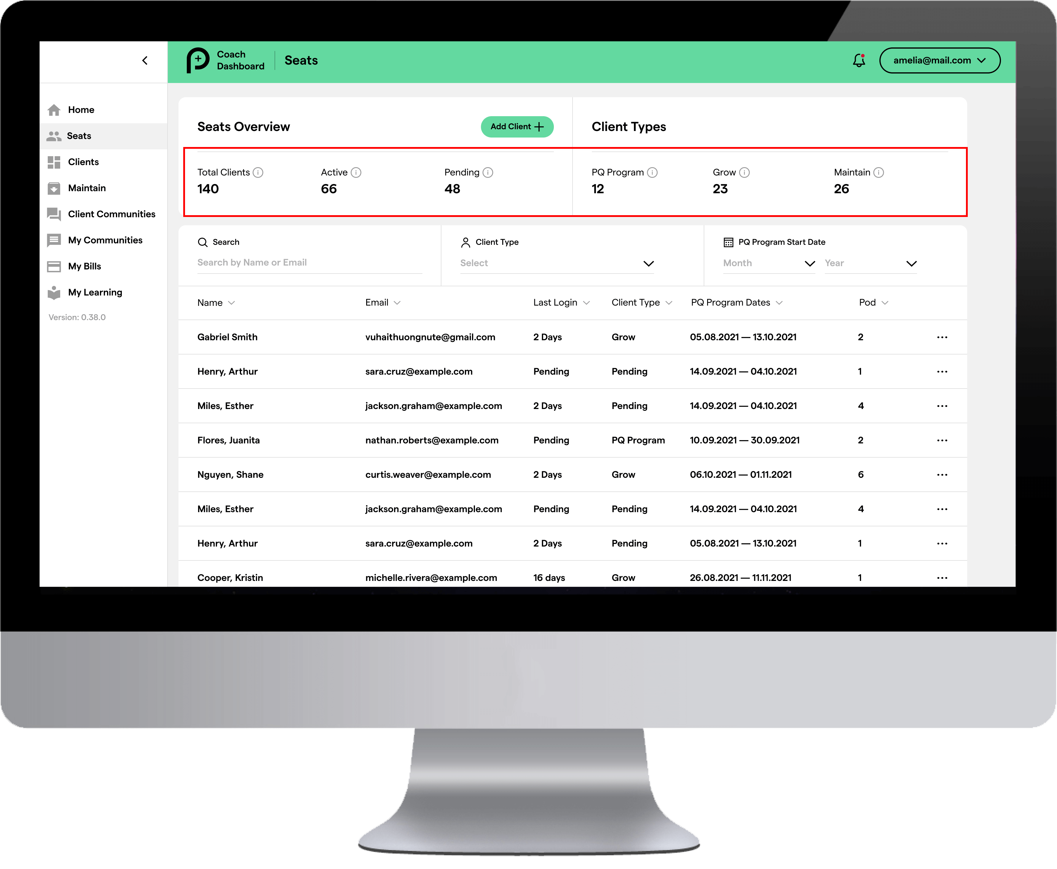 Screenshot of clients seats status