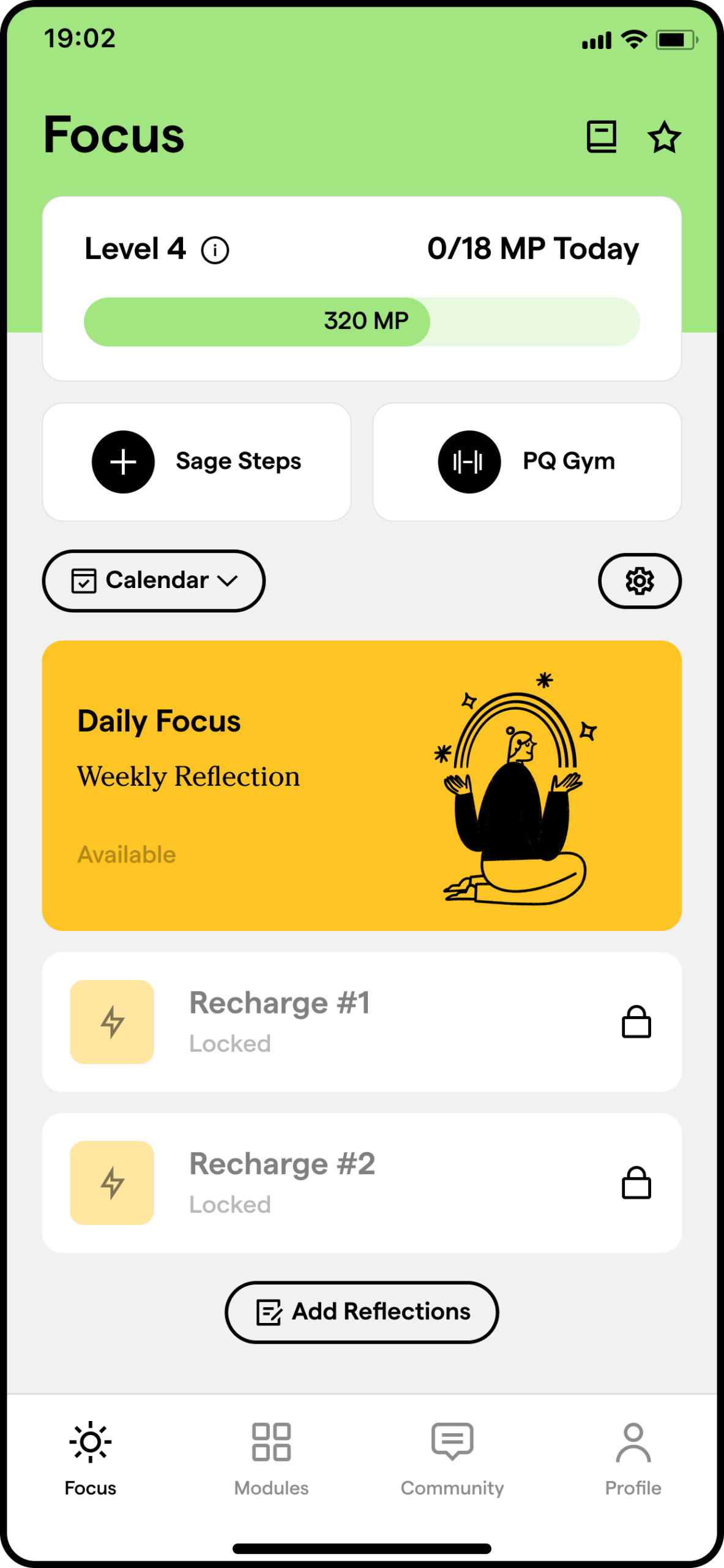 PQ app Focus screen with Daily Focus session and recharge exercises