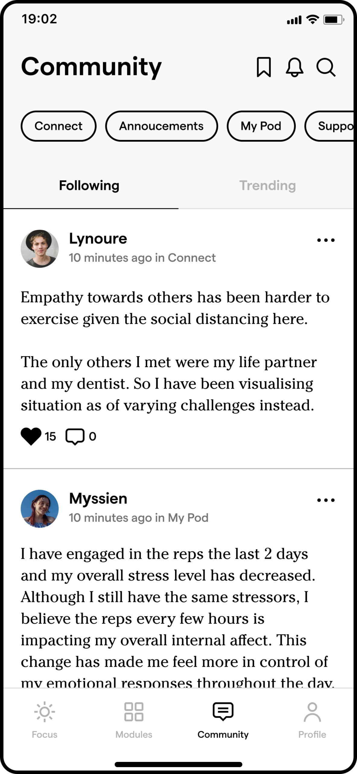 PQ app Community feed with member posts