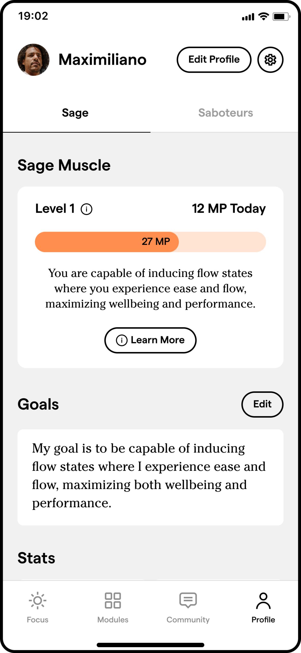 PQ app profile screen showing Sage Muscle level and daily progress