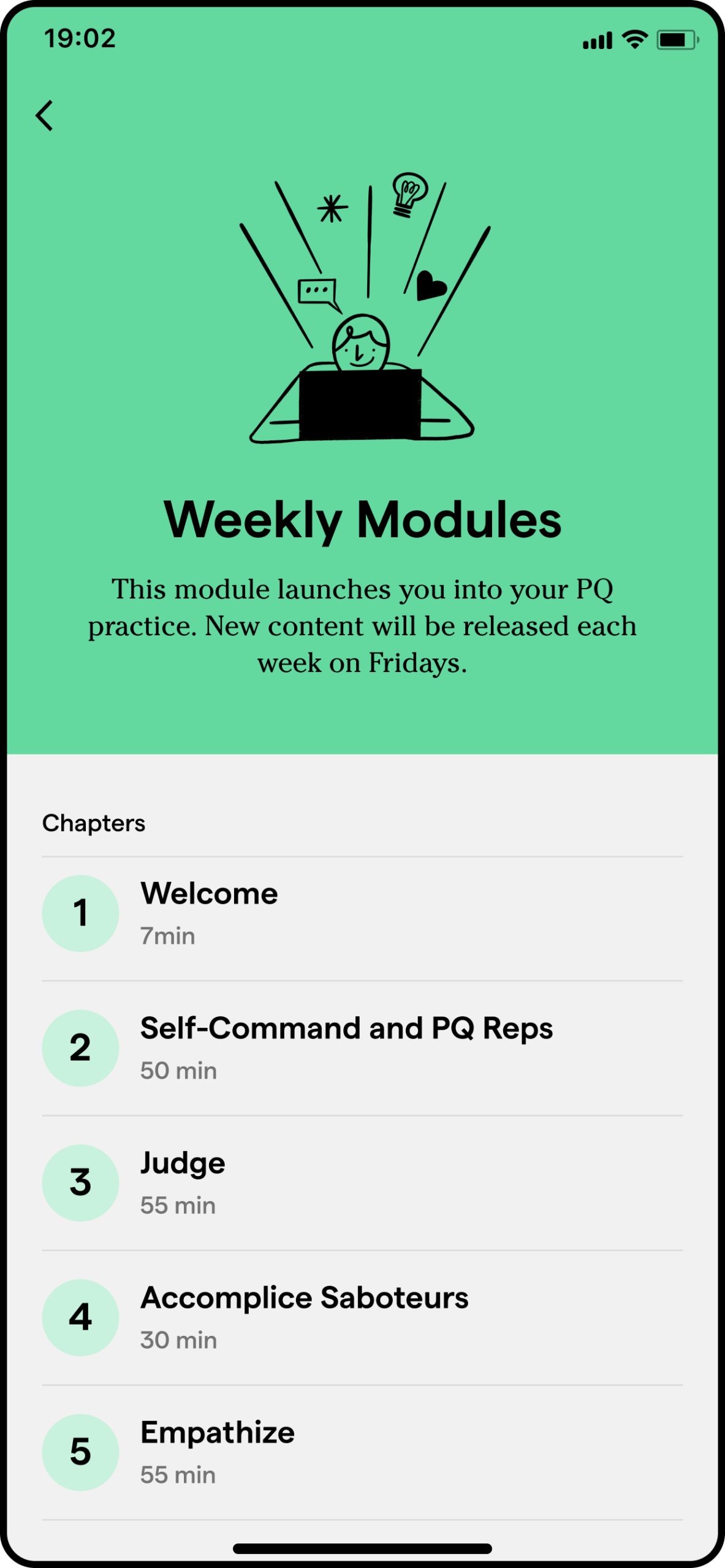 PQ app Weekly Modules screen with chapter list