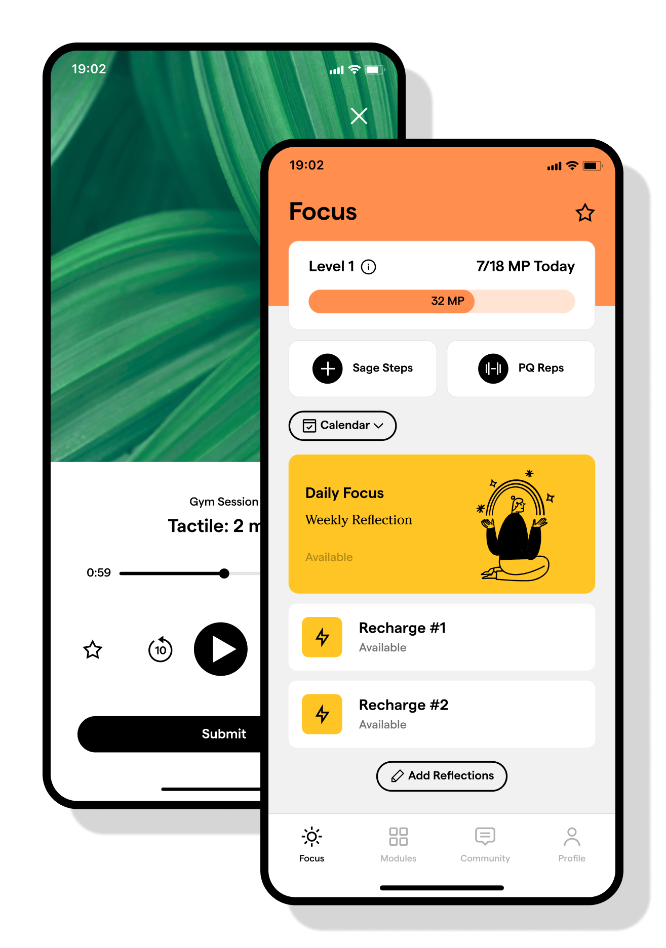 PQ app: Focus dashboard and PQ Gym session screens
