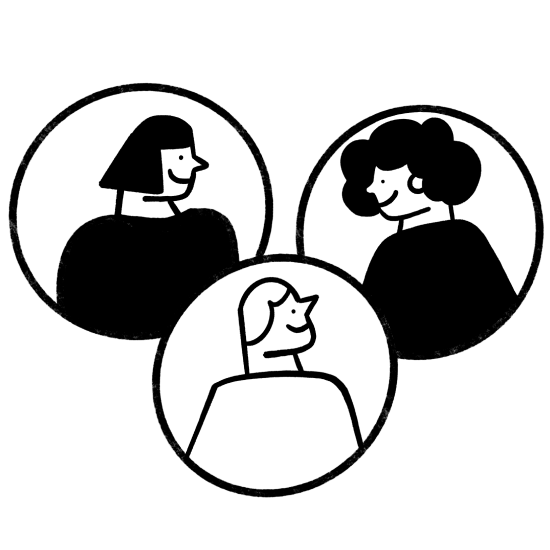 Illustration of three pod members in a group meeting